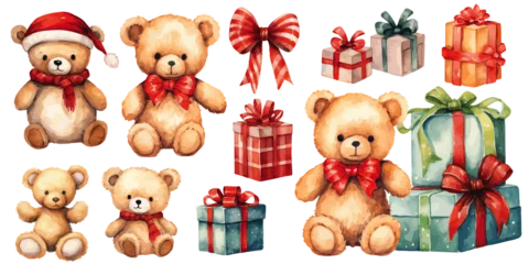 Fotobehang Teddy Bears gift box presents watercolor vectors © Tony