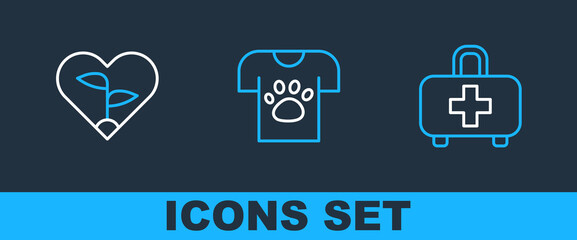 Set line First aid kit, Leaf in heart and Animal volunteer icon. Vector