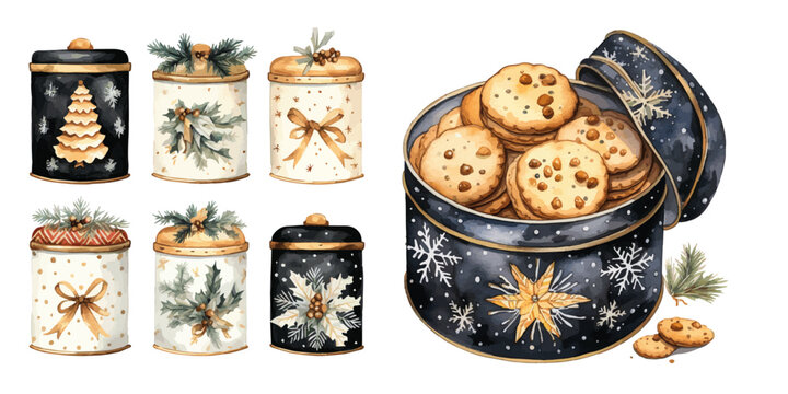 Christmas new year cookies in box black and gold tone watercolor vectors