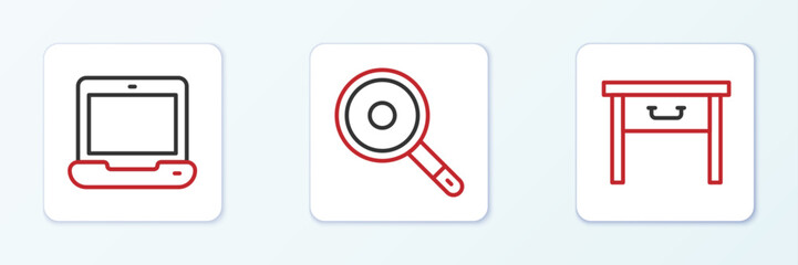 Set line Furniture nightstand, Laptop and Frying pan icon. Vector