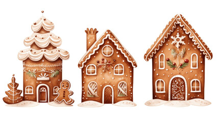 Watercolor gingerbread cookies. Winter homemade sweets in shape of house and gingerbread man - obrazy, fototapety, plakaty