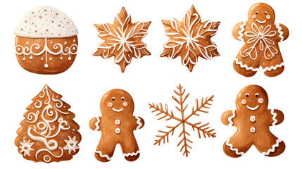 Watercolor gingerbread cookies. Winter homemade sweets in shape of house and gingerbread man - obrazy, fototapety, plakaty