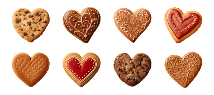 Collection set of heart-shaped cookies or biscuits isolated on a transparent background