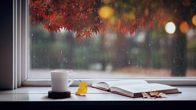 Rain falling on autumn maple trees, raindrops flowing on window glass, and the comfortable sound of rain ASMR, emotional landscape with red maple leaves, coffee, and books
