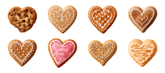 Collection set of heart-shaped cookies or biscuits isolated on a transparent background