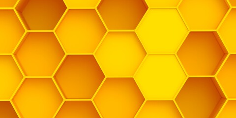 Volumetric hexagons at different levels. Background and backdrop in the form of a honeycomb.