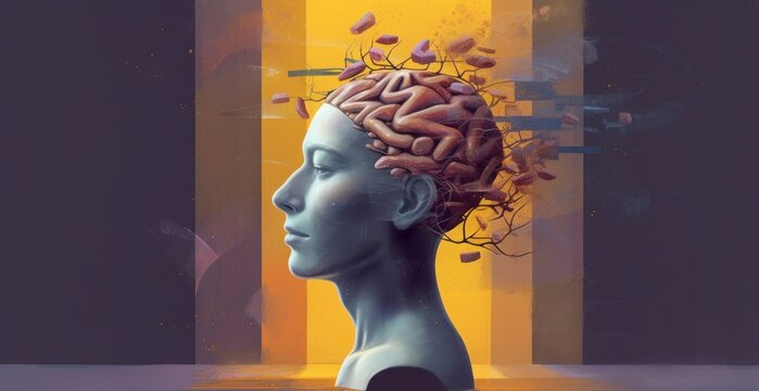 Concept art of brain thinking psychology success and mind , Surreal painting, conceptual 3d illustration, portrait artwork, Generative AI