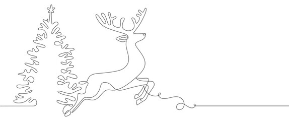Deer and pine christmas tree line art style vector illustration
