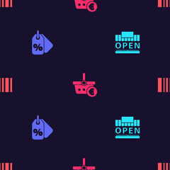 Set Shopping building and open, Discount percent tag, basket euro and Barcode on seamless pattern. Vector