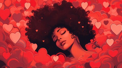 Illustration of a young black woman lying with her eyes closed and surrounded by red and pink hearts. Image generated with AI.