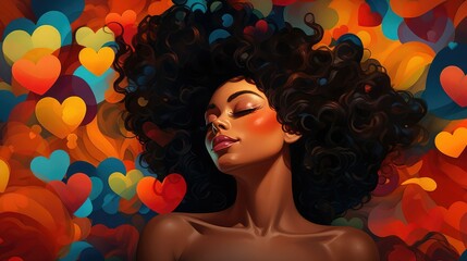Illustration of a beautiful black woman lying with her eyes closed and surrounded by colorful hearts. Image generated with AI.