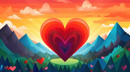 Illustration of a red heart with a background of rainbow-colored mountains. Image generated with AI
