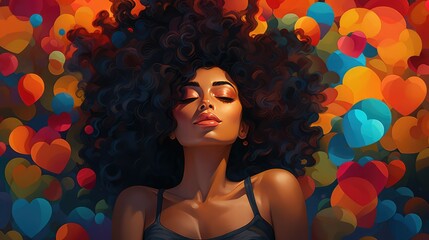 Illustration of a young black woman lying with her eyes closed and surrounded by colorful hearts. Image generated with AI.