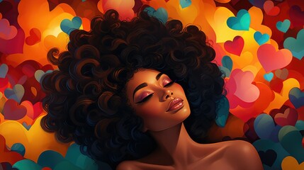 Illustration of an attractive black woman lying with her eyes closed and surrounded by colorful hearts. Image generated with AI.
