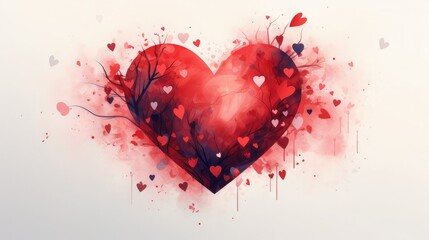 Illustration of a red heart with many small hearts around it. Love. Art. Valentine's day. Celebration. Image generated with AI
