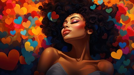 Illustration of an elegant black woman lying with her eyes closed and surrounded by colorful hearts. Image generated with AI.