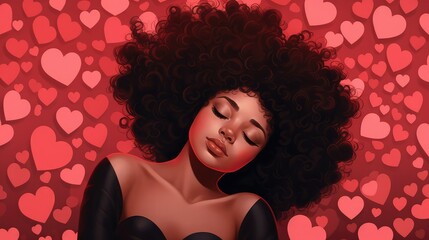 Illustration of an elegant black woman lying with her eyes closed and surrounded by red and pink hearts. Image generated with AI.