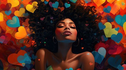 Illustration of a beautiful black woman lying with her eyes closed and surrounded by colorful hearts. Image generated with AI.