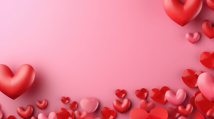 Pink background surrounded by 3D hearts of different sizes in red and pink colors. For Valentine's day. Love. Celebration. Image generated with AI