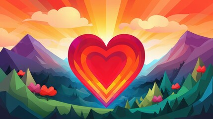 Illustration of a big red heart with a background of rainbow-colored mountains. Image generated with AI