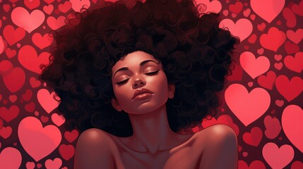 Illustration of a beautiful black woman lying with her eyes closed and surrounded by red and pink hearts. Image generated with AI.