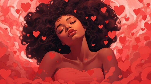 Illustration of an attrative black woman lying with her eyes closed and surrounded by red and pink hearts. Image generated with AI.