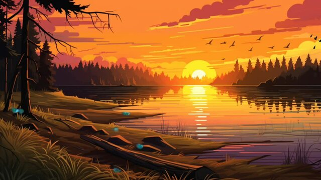Natural scenery by the lake at sunset. seamless looping virtual video animation background, cartoon ilustration style. Generated with AI