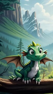Cartoon little green dragon sitting on a log in the mountains