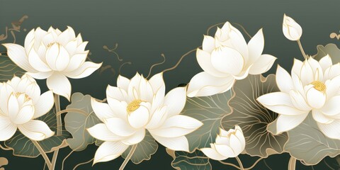 Luxury oriental flower background . Elegant white lotus flowers golden line art, leaves, gradient color. Japanese and Chinese illustration Design for decor, wallpaper, poster, banner, Generative AI