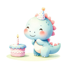 Cute dinosaur celebrating cake and decor gift box fireworks sun star pastel color watercolor technique. Theme of birthday event