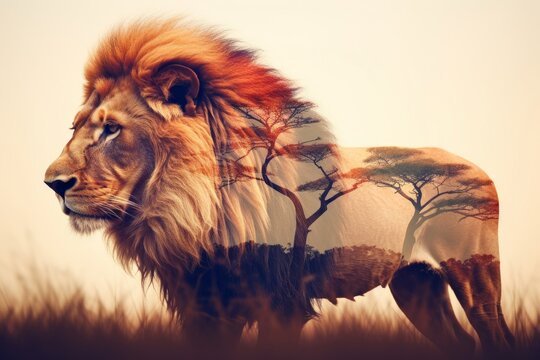 Lion and the African savanna, double exposure photography. Generative AI
