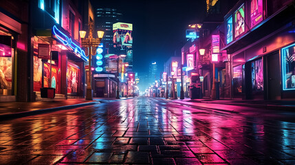 neon-lit city at night. Use leading lines, contrasting colors,