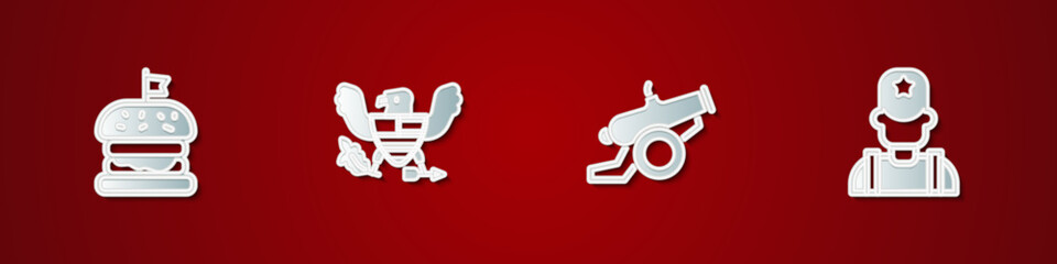 Set Burger, Eagle, Cannon and Sheriff cowboy icon. Vector