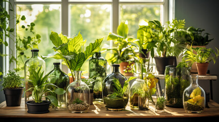 A group of glass vases filled with plants and plants