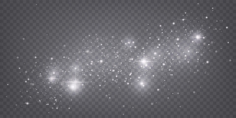 Fototapeta premium Light particle. White bokeh glitter, magic spark silver effect, star glow and shine, dust shimmer. Minimal festive starlight. Holiday backdrop on transparent background. Vector xmas banner