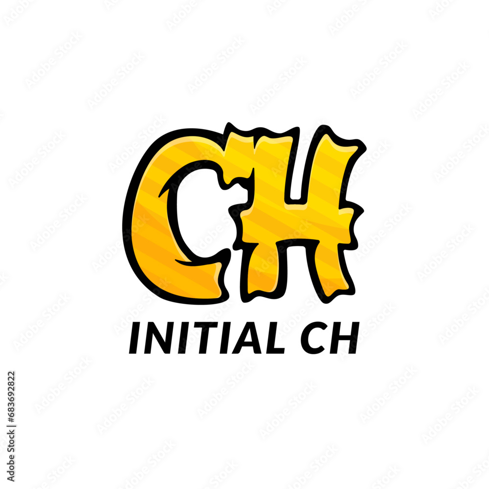 Poster initial letter ch logo or symbol design template with cartoon style. black border with yellow shape 