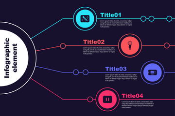 Set Photo retouching, Microphone, Online play video and Pause button. Business infographic template. Vector