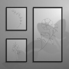 Realistic frames. 3D posters with floral shadow overlay effect. Frameworks hanging on wall. Plant shade. Flowers line art. Botanical drawing. Pictures collage. Vector interior background