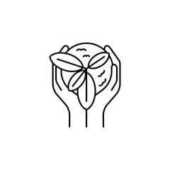 Hands holding soil on the pot with plant flat line icon. Vector thin sign of environment protection, ecology concept logo. Agriculture illustration. save our earth campaign.