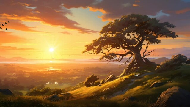Natural scenery by the hill at sunrise. seamless looping virtual video animation background, cartoon ilustration style. Generated with AI
