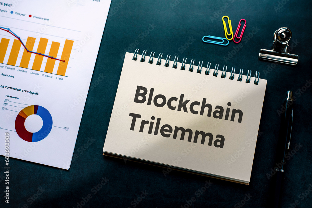 Poster there is notebook with the word blockchain trilemma. it is as an eye-catching image.