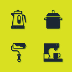 Set Electric kettle, Coffee machine, Paint roller brush and Cooking pot icon. Vector