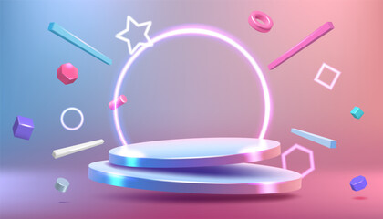 3d podium. Product platform holographic effect, stage in neon party lights, pedestal award winner, studio scene. Glowing ring. Pink gradient. Advertising backdrop. Vector background