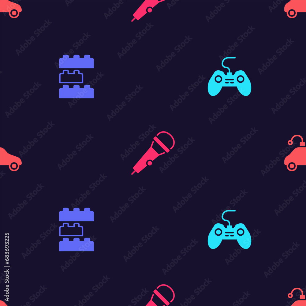 Poster set gamepad, toy building block bricks, microphone and radio controlled car toy on seamless pattern.