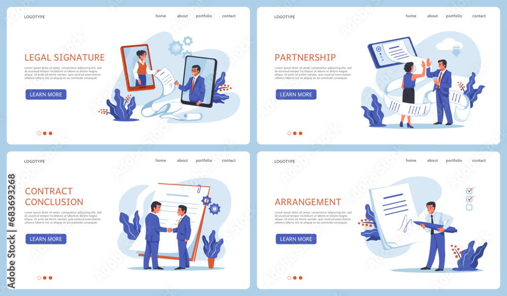 Poster contract signature landing page. documents signing. legal consultations. business agreements. partne