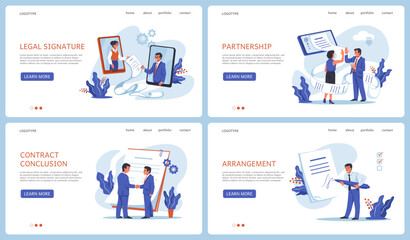 Contract signature landing page. Documents signing. Legal consultations. Business agreements. Partnership papers. Electronic approval sign. Website templates. Vector web banners set