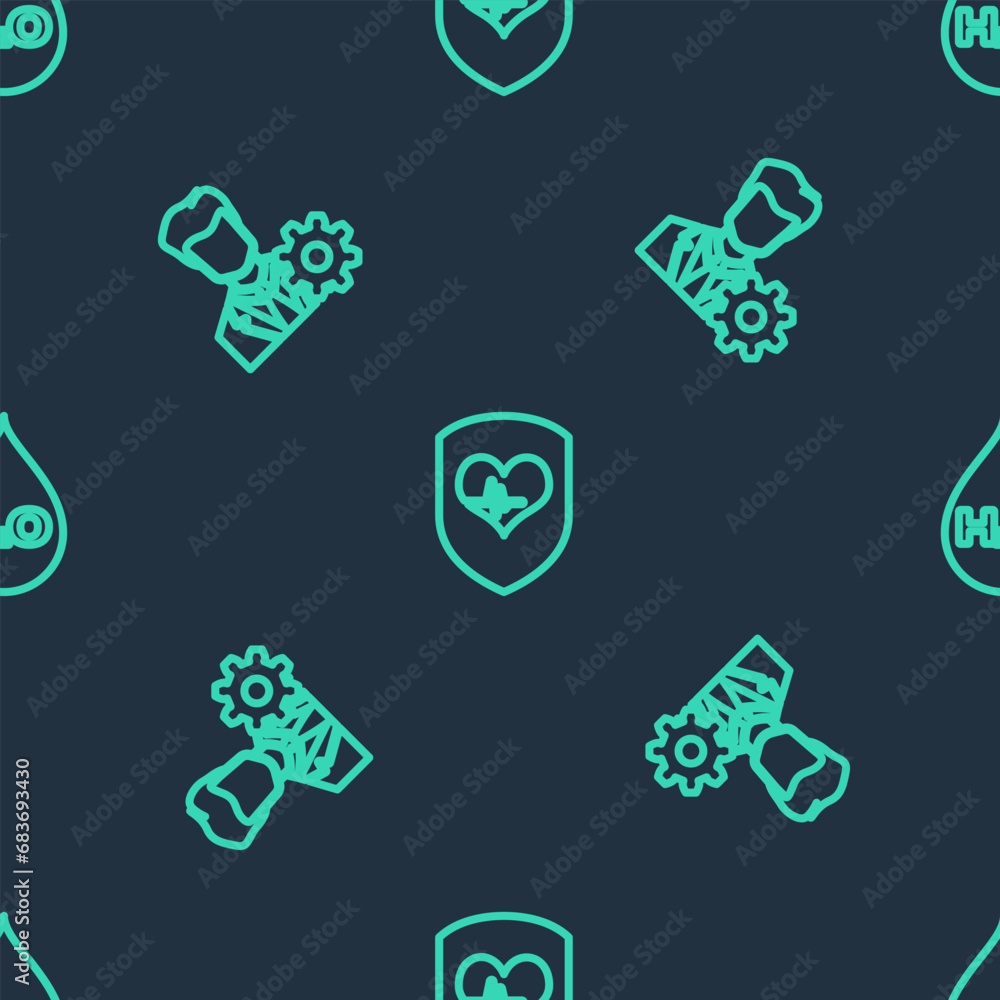 Poster set line shield and heart rate, profile settings and water drop with h2o on seamless pattern. vector