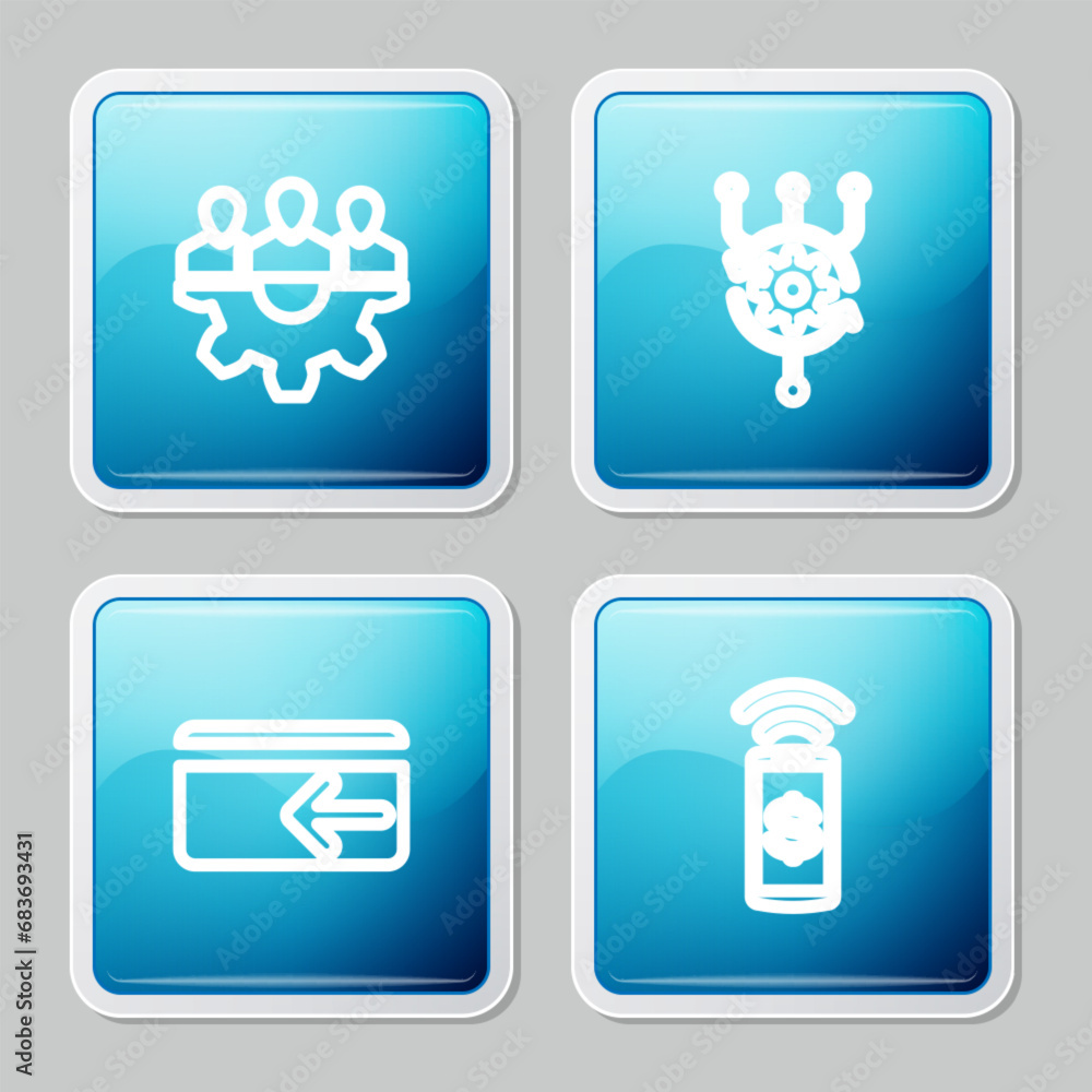 Poster set line project team base, algorithm, cash back and contactless payment icon. vector