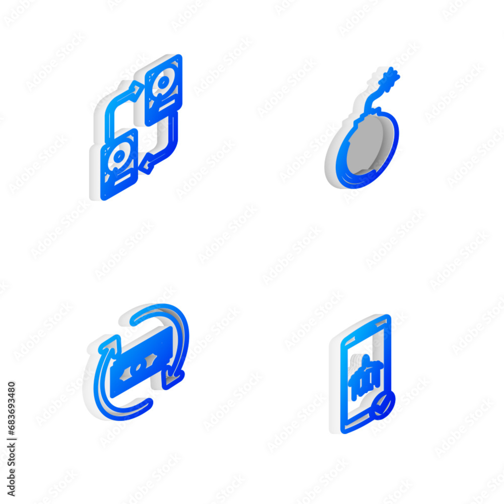 Poster set isometric line bomb ready to explode, data exchange with hhd, refund money and flight mode in th