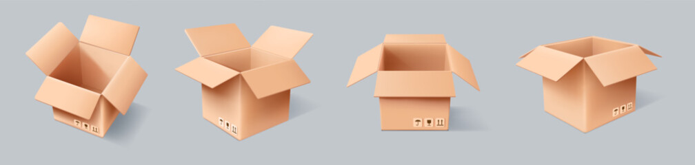 3d box set. Open delivery package, empty cardboard parcel or gift different angles view, carton from warehouse shop. Square pack, delivery packaging. Vector realistic render isolated elements